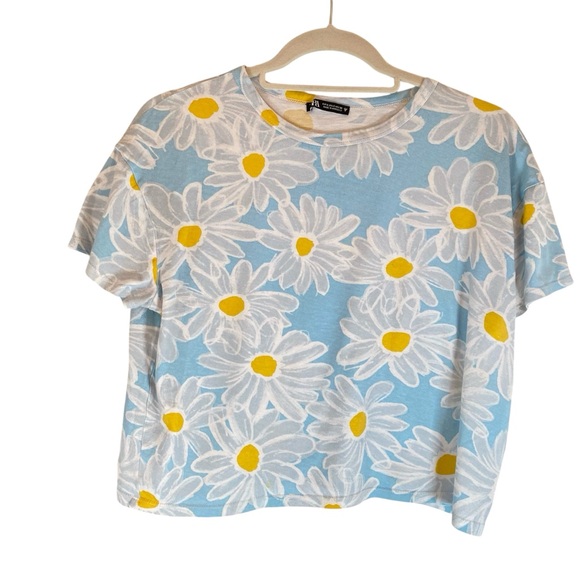 ZARA TRF Blue Daisies Cropped Cotton Tee S - Picture 5 of 9